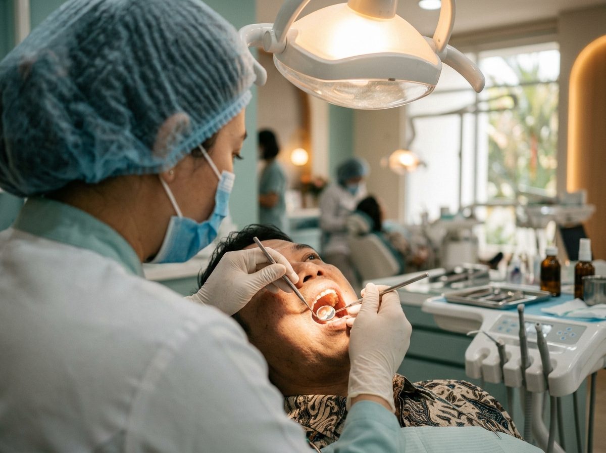Dokter gigi memeriksa pasien di klinik